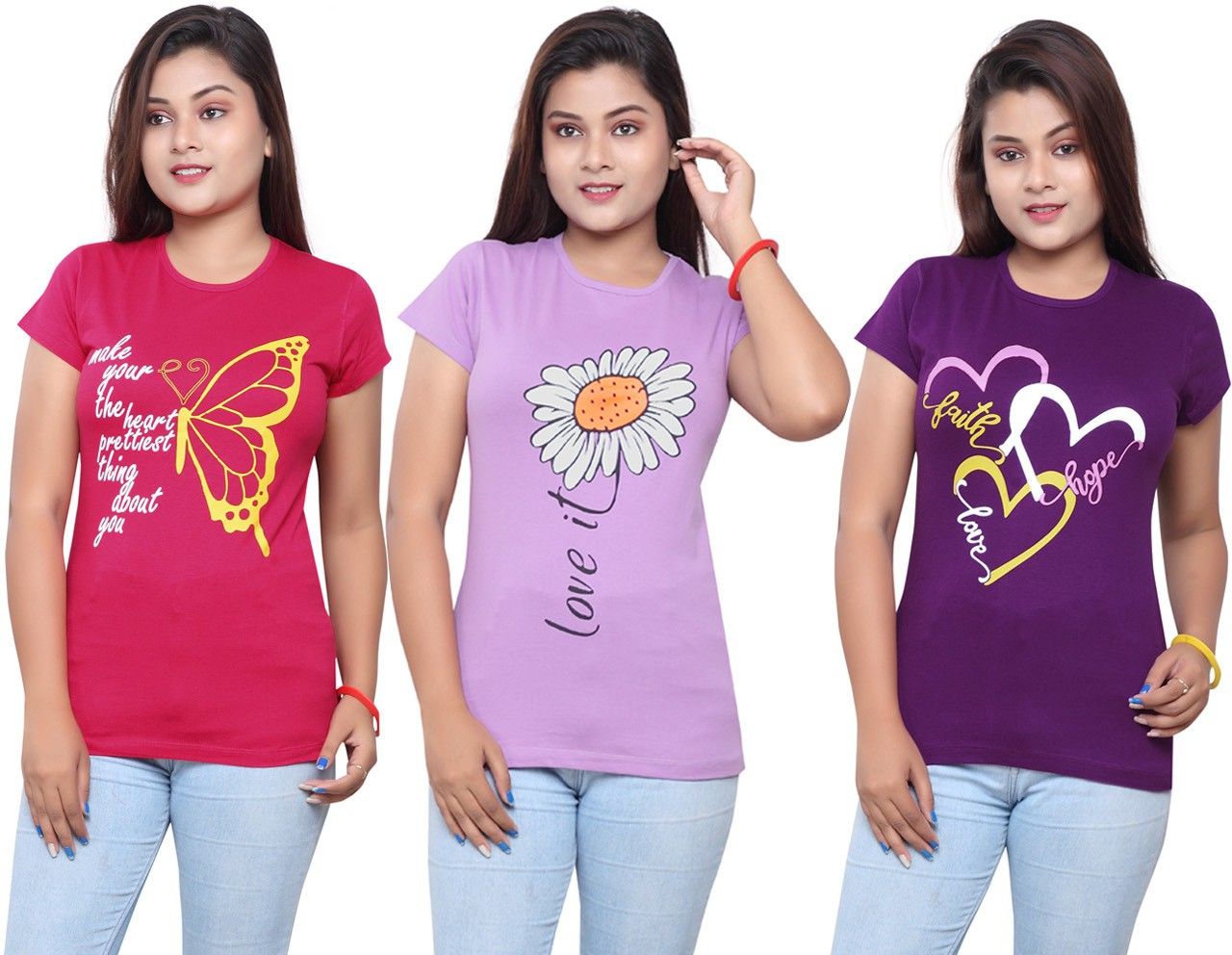 Pack of 3 Womens tshirts Women Typography Round Neck Cotton Blend Multicolor T-Shirt-image-1
