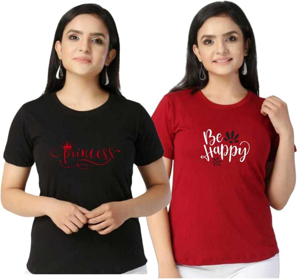 Pack of 2 Women Printed Round Neck Pure Cotton Black T-Shirt