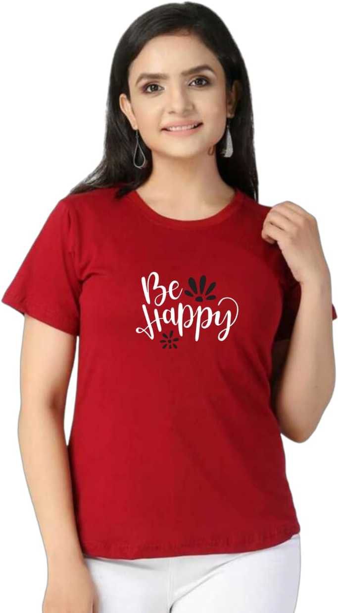 Women Printed Round Neck Pure Cotton Red T-Shirt-image-21