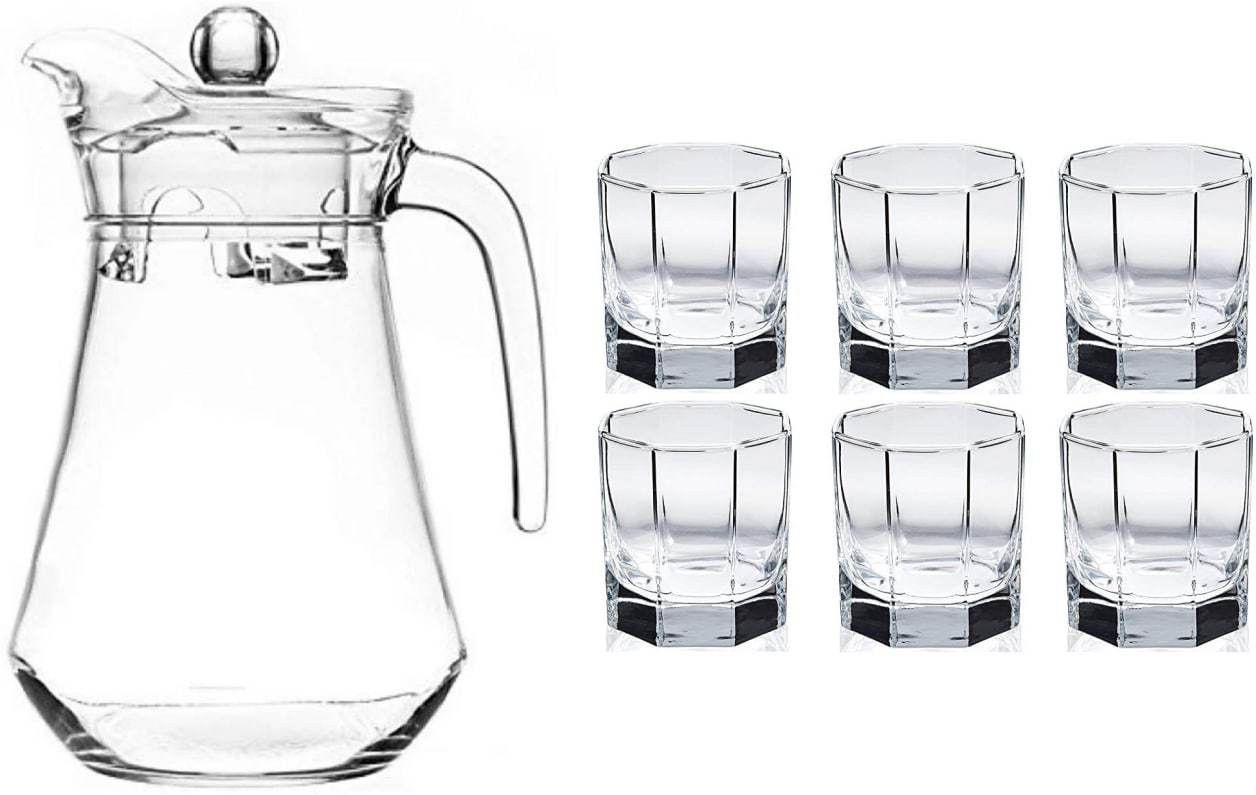 Imperial Lemon jug Set with hexa shape Glass Water Jug, 1.3L jug and 220ml glass Jug Glass Set