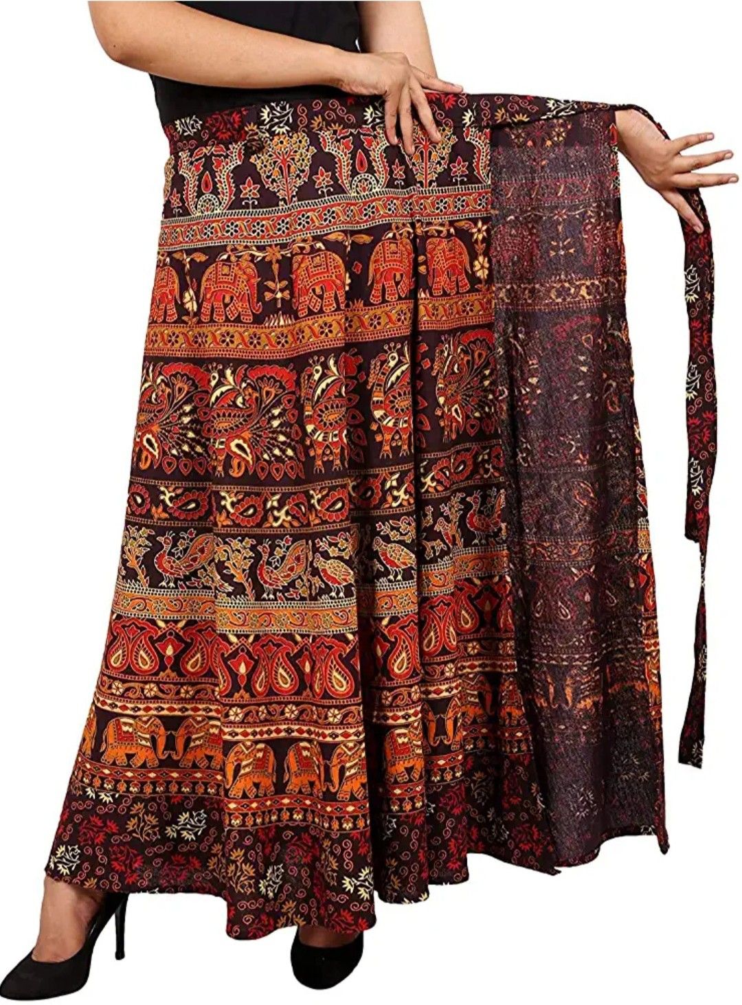 Women Printed Wrap Around Brown, Multicolor Skirt-image-26