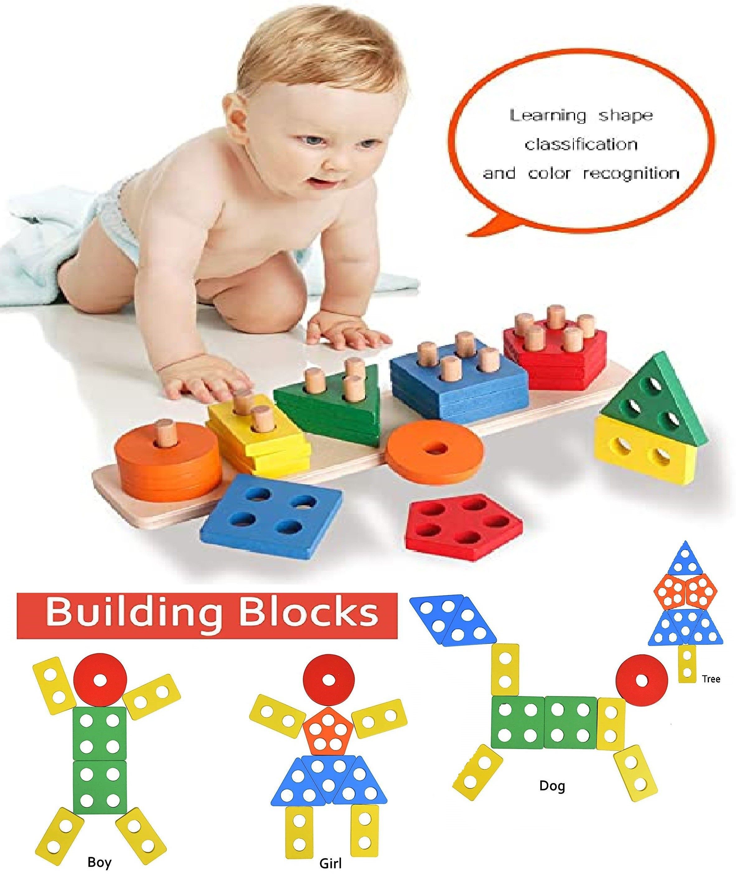 Wooden Sorting, Stacking Plugging Toy Geometric Blocks Shape Sorter Learning toy-image-20