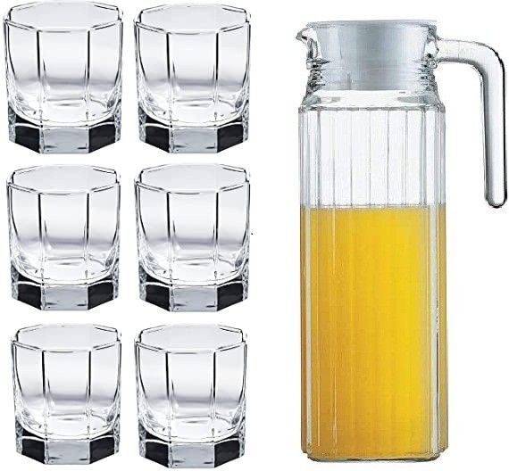 S1Store Italian Premium Imported Water And Juice Glasses Set Of 6 And Jug Set Of 1 Combo,(6 Pieces Glasses 250ml And 1 Water Juice Jug 1.1 Liter), Glass And Jug Set For Dining Table(Royal King) Jug Glass Set-picture-19