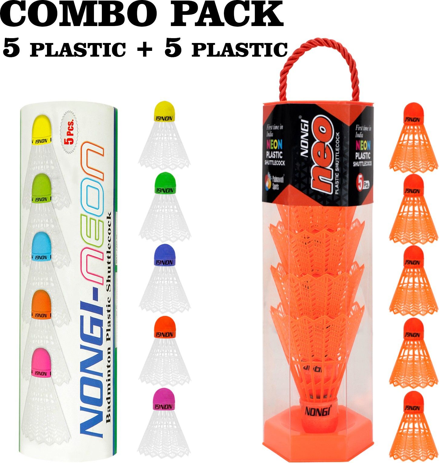 nongi Badminton Shuttle (NEO & Neon) Combo Pack Of 10 Shuttle For Indoor Outdoor Sport Plastic Shuttle- Orange, White-picture-28