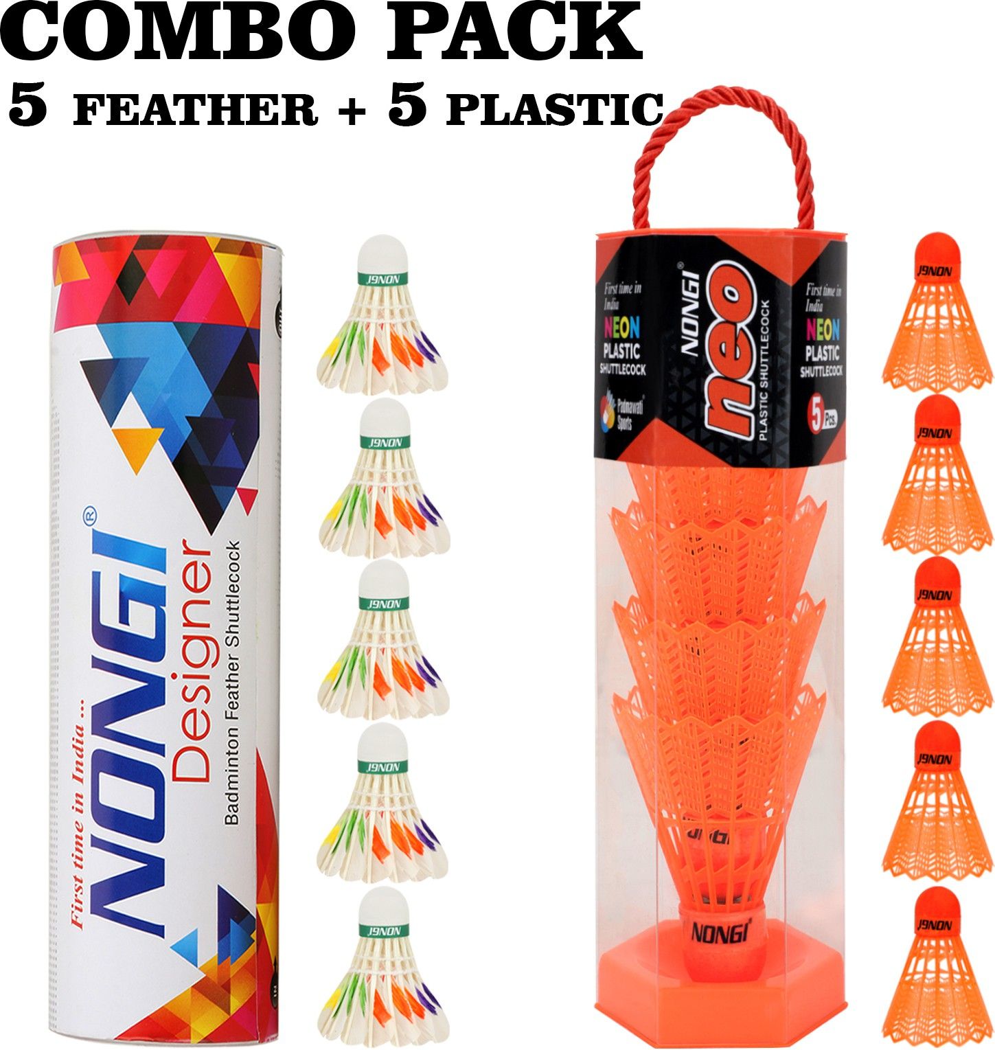 Badminton Shuttle (NEO & D6) Combo Pack Of 10 For Indoor Outdoor Sport Feather & Plastic Shuttle- Orange, Yellow, Green, Pink, White-image-4