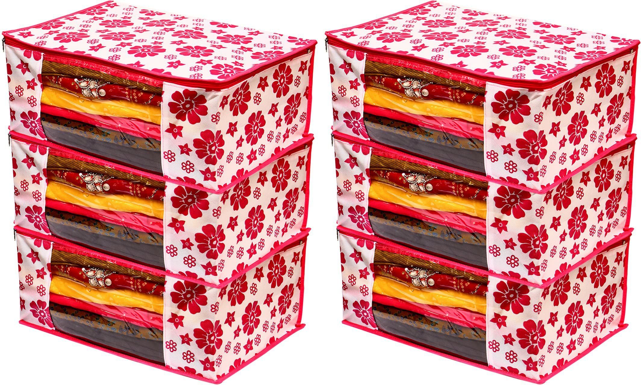 Nylon Flower Design 6 Piece Non Woven Fabric Saree Cover Set with Transparent ( pink ) Storage Basket