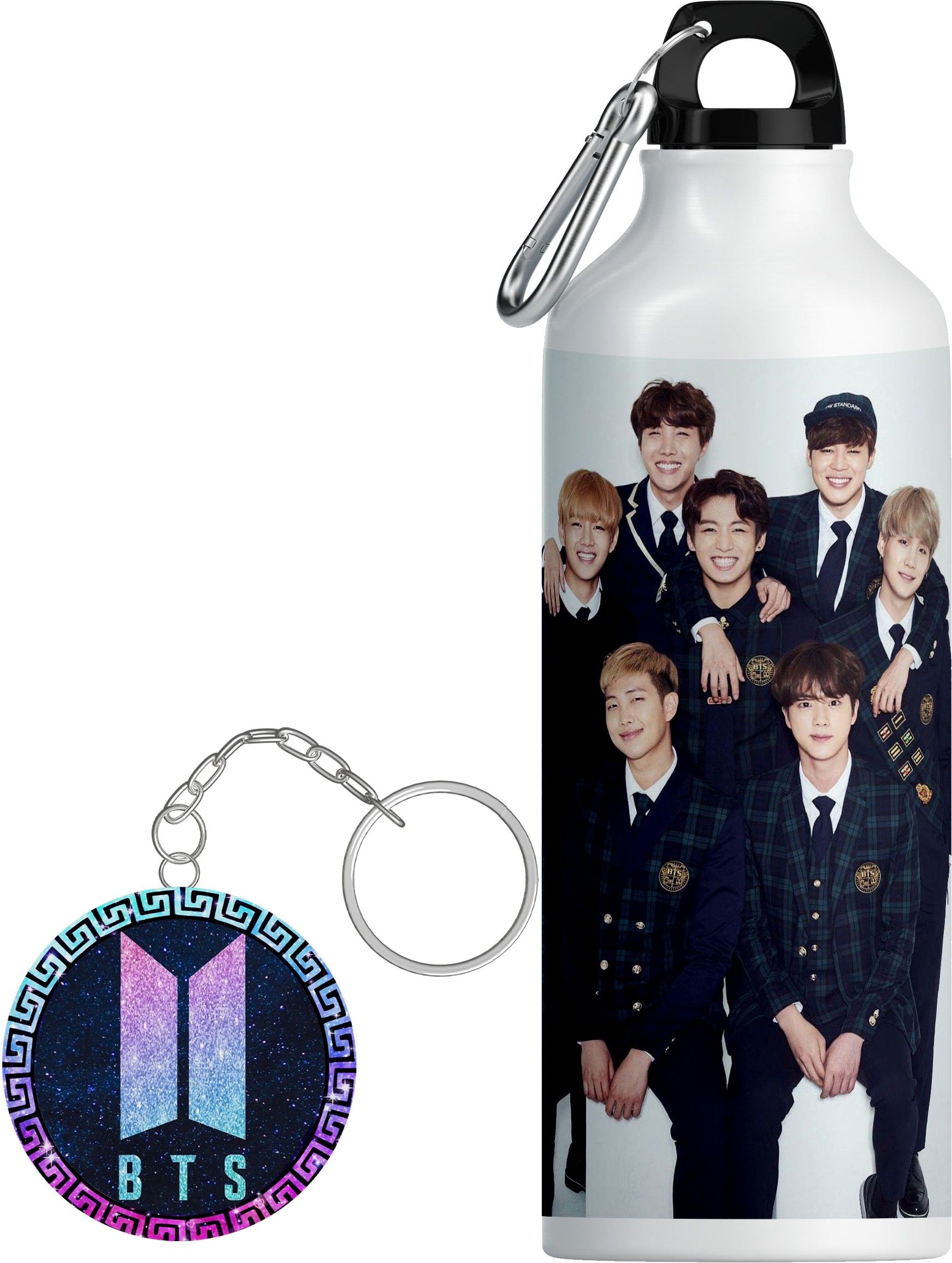 Bts Keychain/Keyring With Printed Bts Sipper For School, Gym & Office_(KS-07) 600 ml Water Bottles-image-2