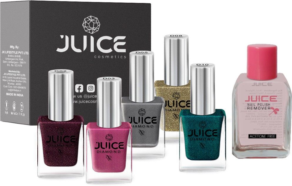 | 5 NAIL POLISH COMBO 23 (BERRY SHIMMER-D02/DESIRE PINK-D03/SILVER-D05/MAGIC CRYSTAL-D08/AQUAMARINE-D10) & 1 NAIL POLISH REMOVER
