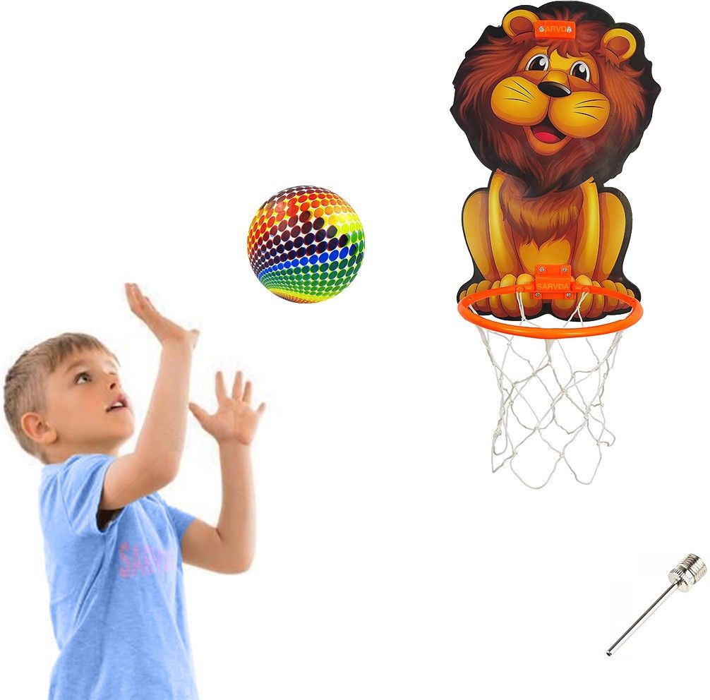 sarvda Basket Ball For Kids | Lion Theme Board Net Rubber Ball Inflating Pin 2 Ties Basketball - Size: 5-picture-47