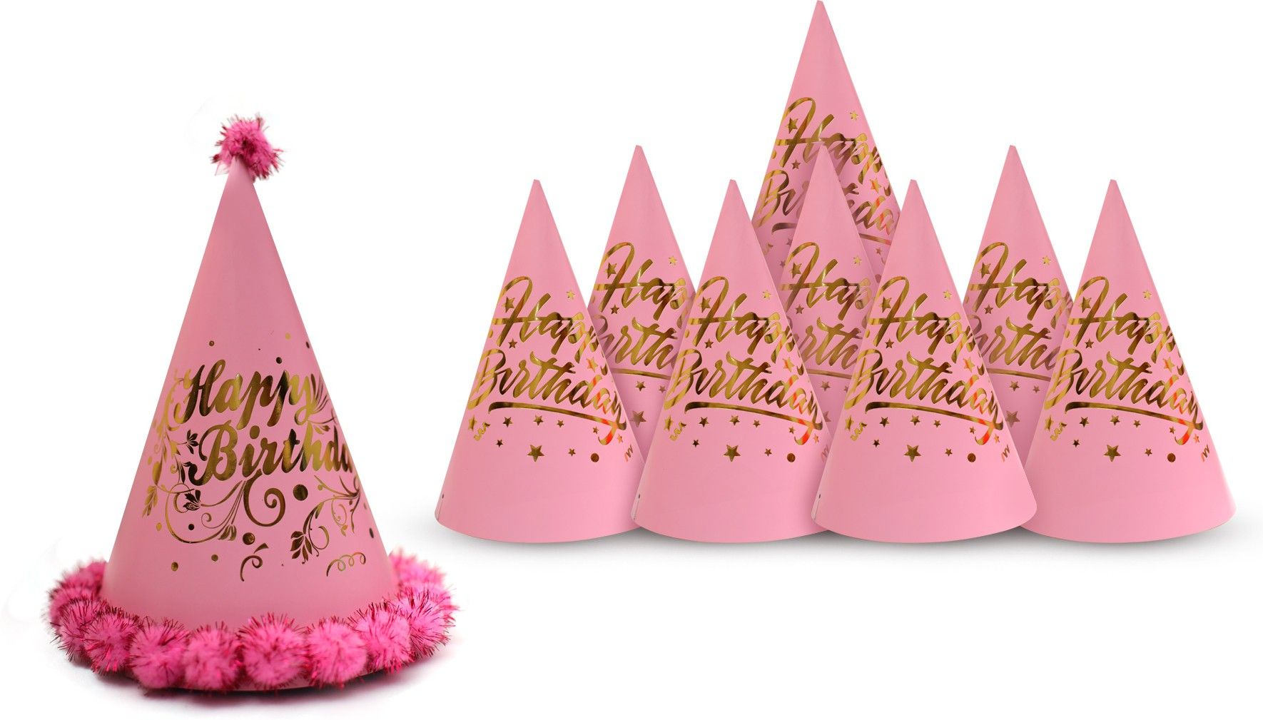 Vmd BIRTHDAY CAP 1 Fancy PINK Cap with 8 golden Printed PINK Cap for Birthday Kids-image-39