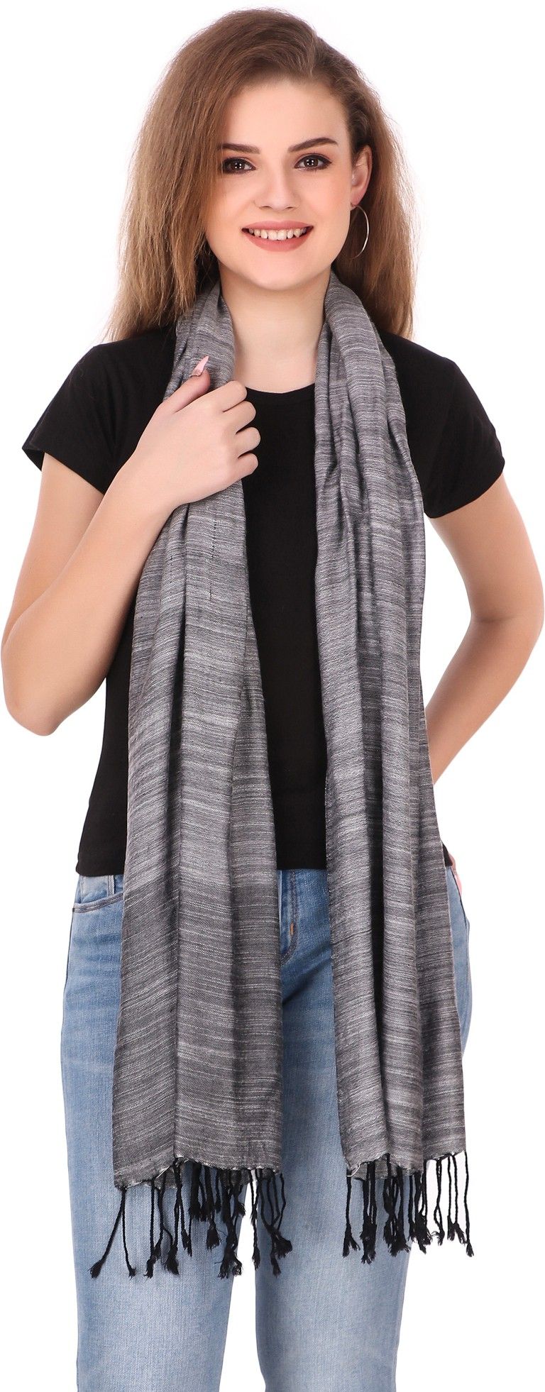 Solid Viscose, Cotton Viscose Blend Women Grey Stole, Scarf, Fancy Scarf-image-9