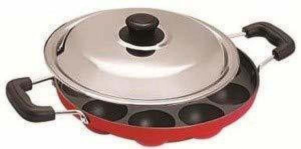 poonjaliya Alliuminum Non-Stick 12 Cavity Appam Patra, Appam Pan/Tawa, Paniyaram Pan, Paniyarakal, Appam Maker with Stainless Steel Lid, Double Side Hanlde, Picker and Scrubber for Cleaning( Red )12 Cavities Non Stick Appam pan with Lid and Side Handle with Stainless Steel Lid Paniyarakkal patra, Paniyaram, Aebleskiver Maker, Pan Cake Maker, Ponganal Maker, Paddu Tawa, golgappa maker Paniarakkal with Lid 0.5 L capacity 24 cm diameter-picture-13
