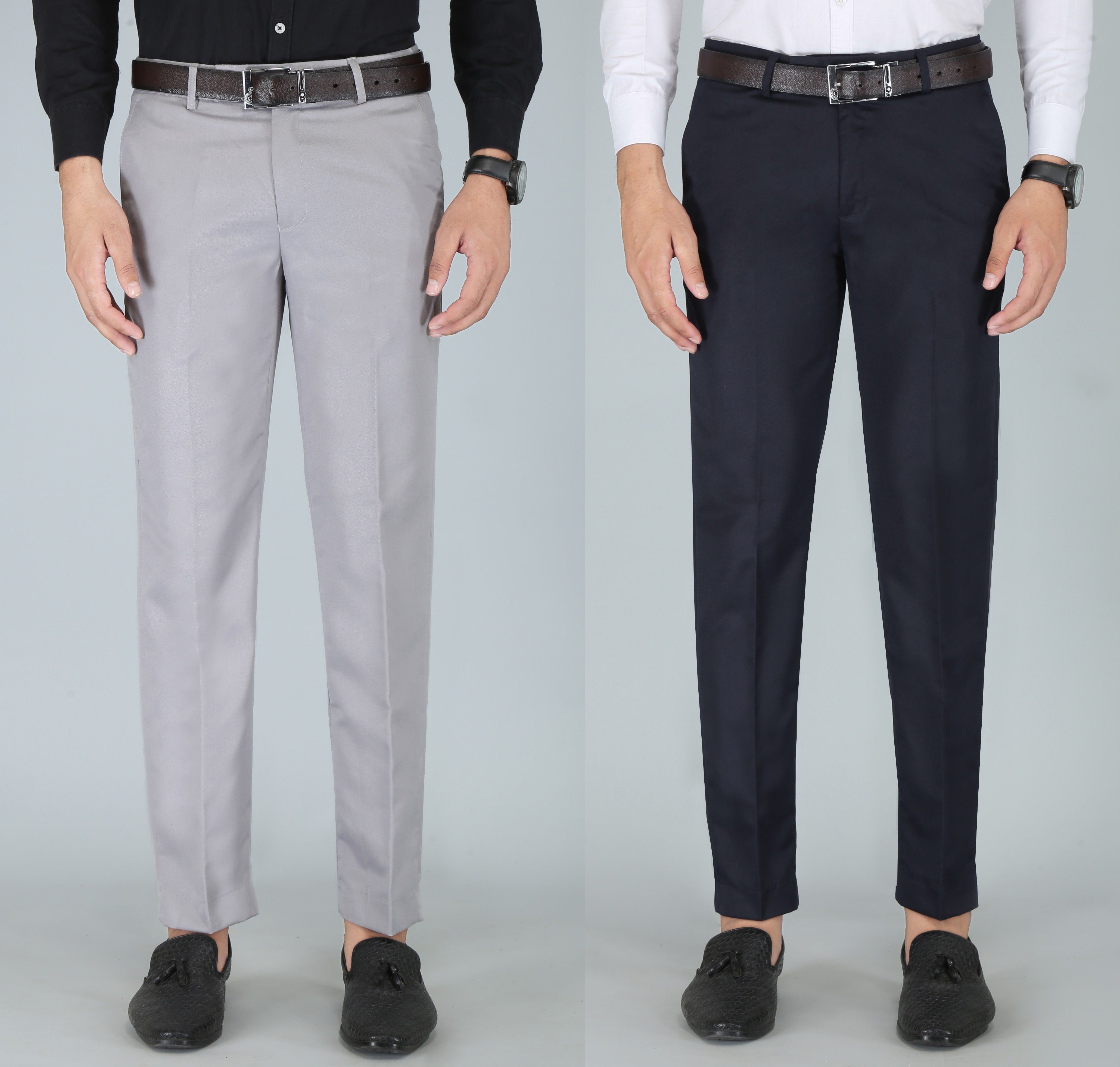 kurus Pack of 2 Men Slim Fit Grey, Blue Cotton Blend Trousers-picture-14