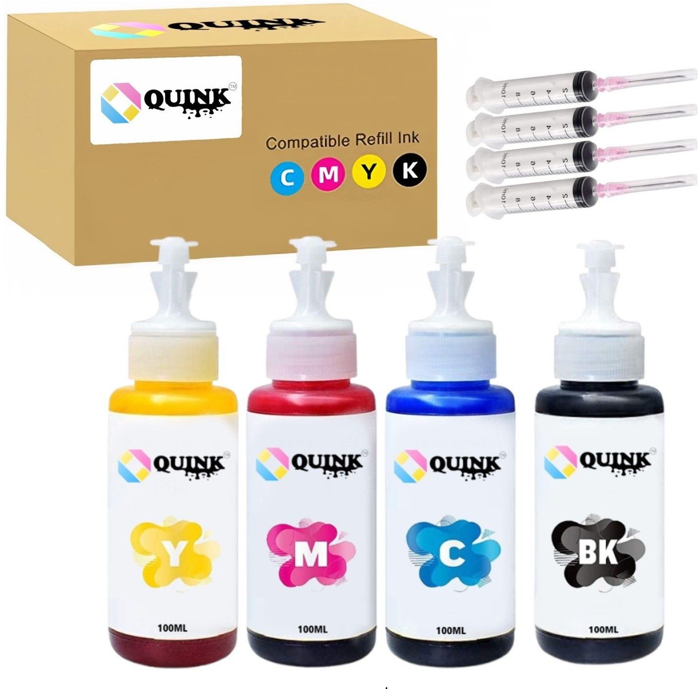 QUINK Refill ink for HP cartridge 805 803 680 57 canon 88 98Cartridges 4 ink 4 Syringe Black + Tri Color Combo Pack Ink Bottle-image-7