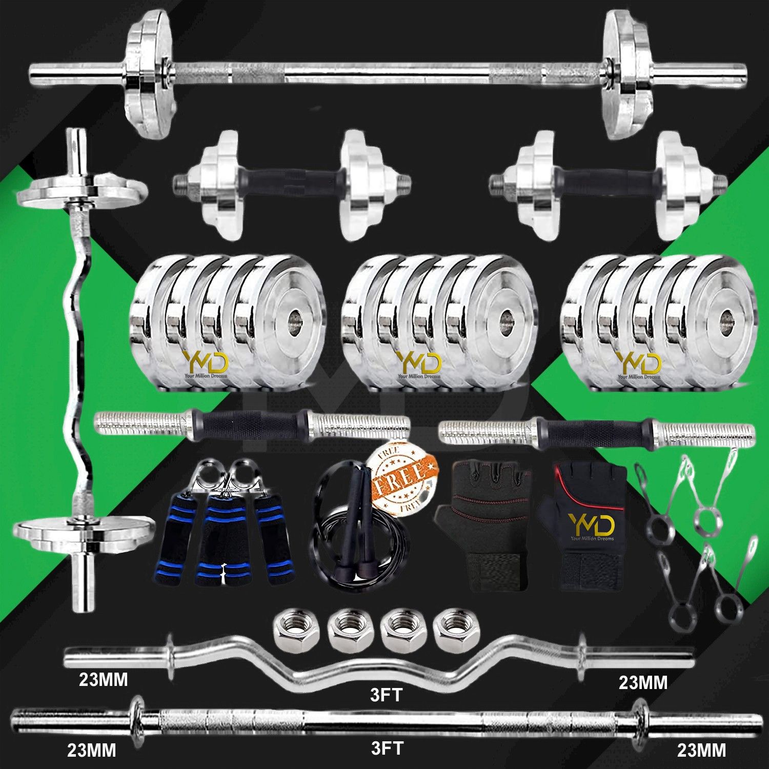 15 kg Steel Plates (2.5KGX6Pc) 3FT Curl & 3FT Strt 23mm Rods Home Gym Combo-image-38