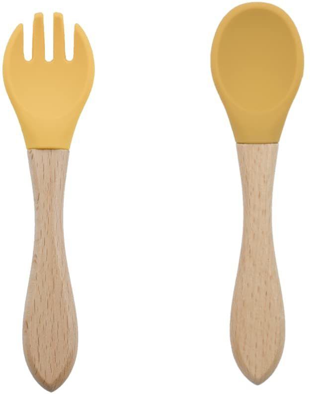 guchigu Baby Silicon Spoon and fork Set , BPA-Free Self Feeding Utensils for Newborns- wooden, silicone-picture-26