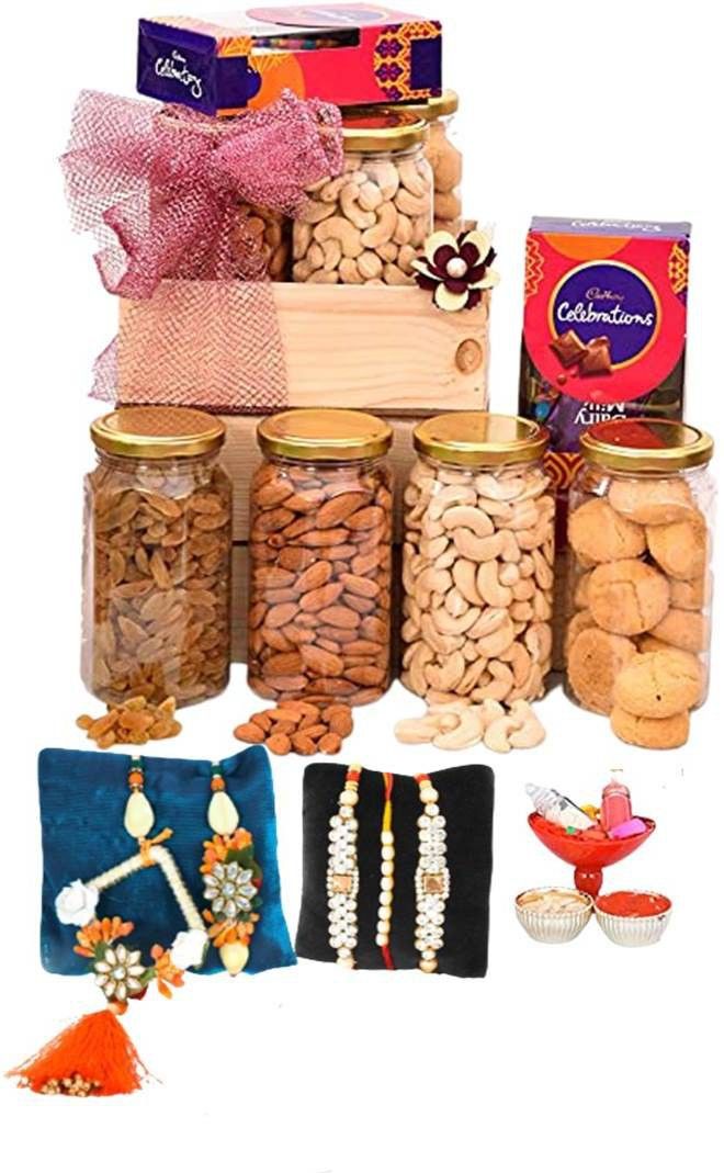 Dryfruit Gifts For Brother/Bhai With Ethnic Handcrafted Rakhis For Family,450gm Wooden Gift Box-image-18