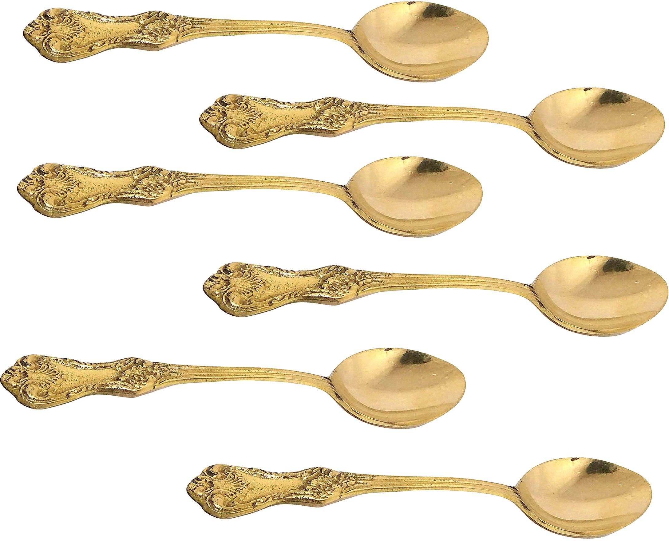 a&h Spoon Set for Dining Table Brass Set of 6 pieces Floral Design Daily Use Brass Tea Spoon Set-picture-28