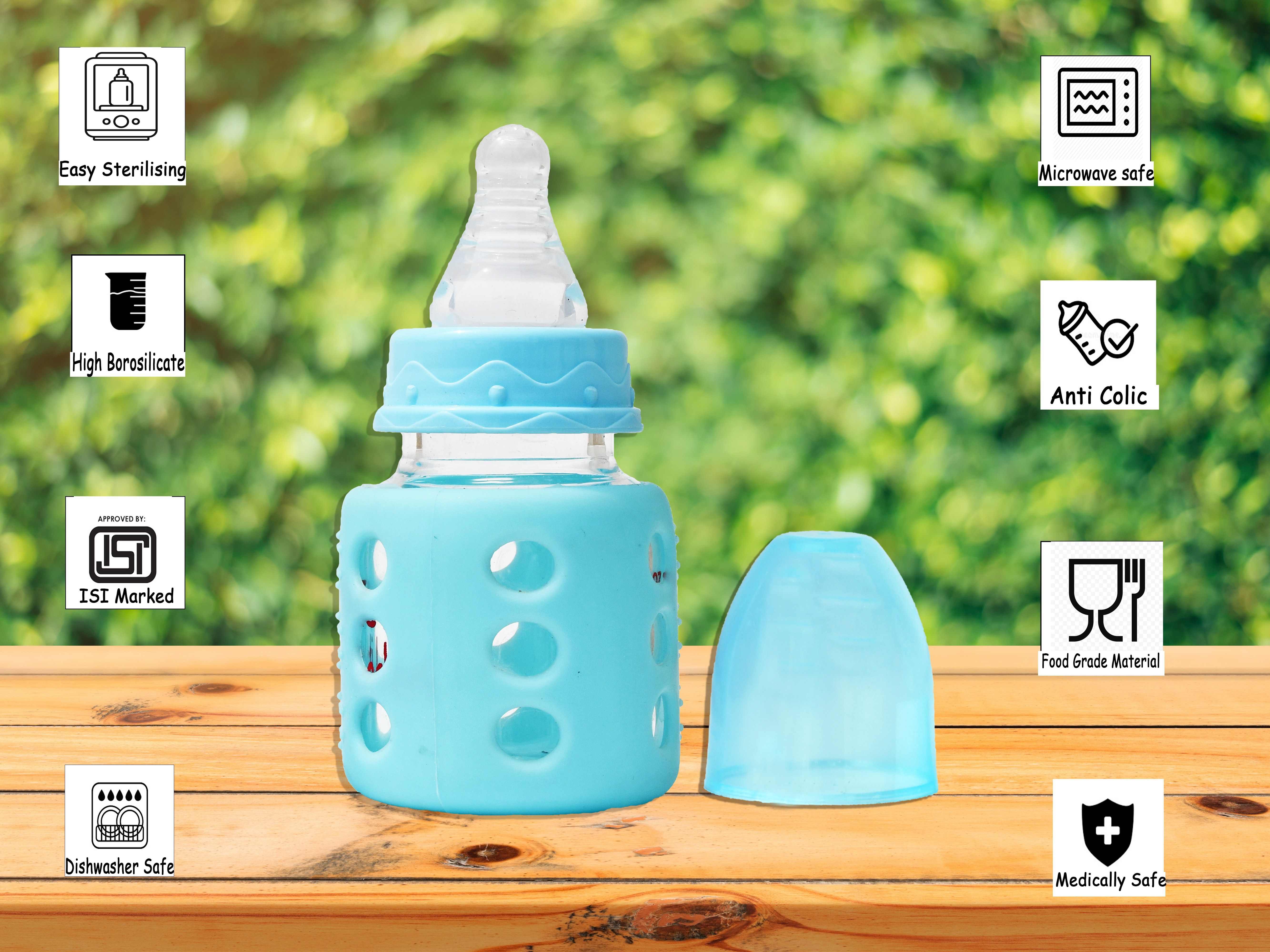 the little lookers Glass Feeding Bottle for Newborns/Infants/Babies | With Silicone Warmer Cover ('BLUE', 60 ML) - 60 ml-picture-28