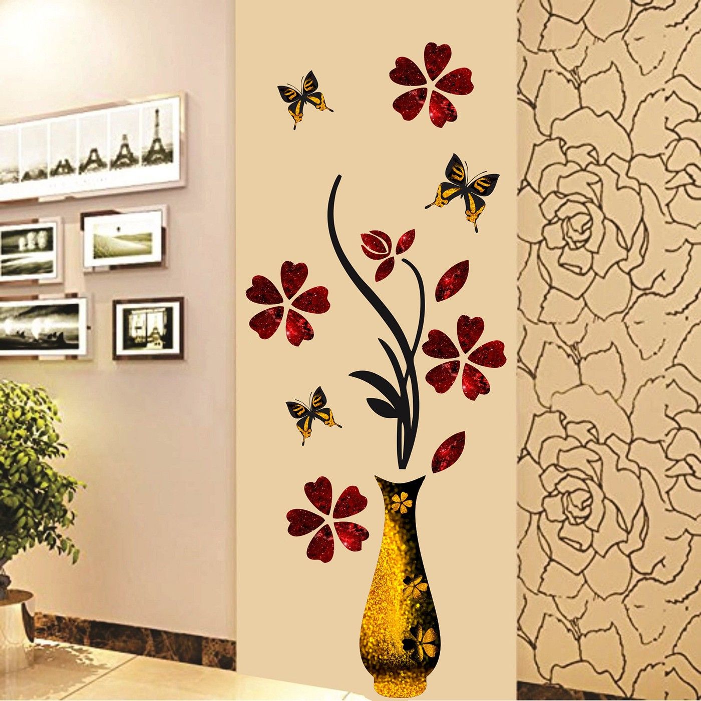 40 cm Flowers with Vase Golden Pots Self Adhesive Sticker