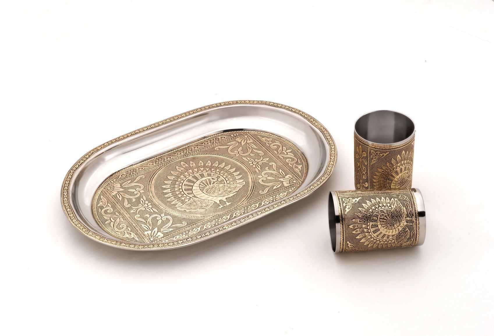 SHCRAFT DESIGN Antique Golden Peacock Embossed Stainless Steel Serving Tray Glass Tray Set-image-46