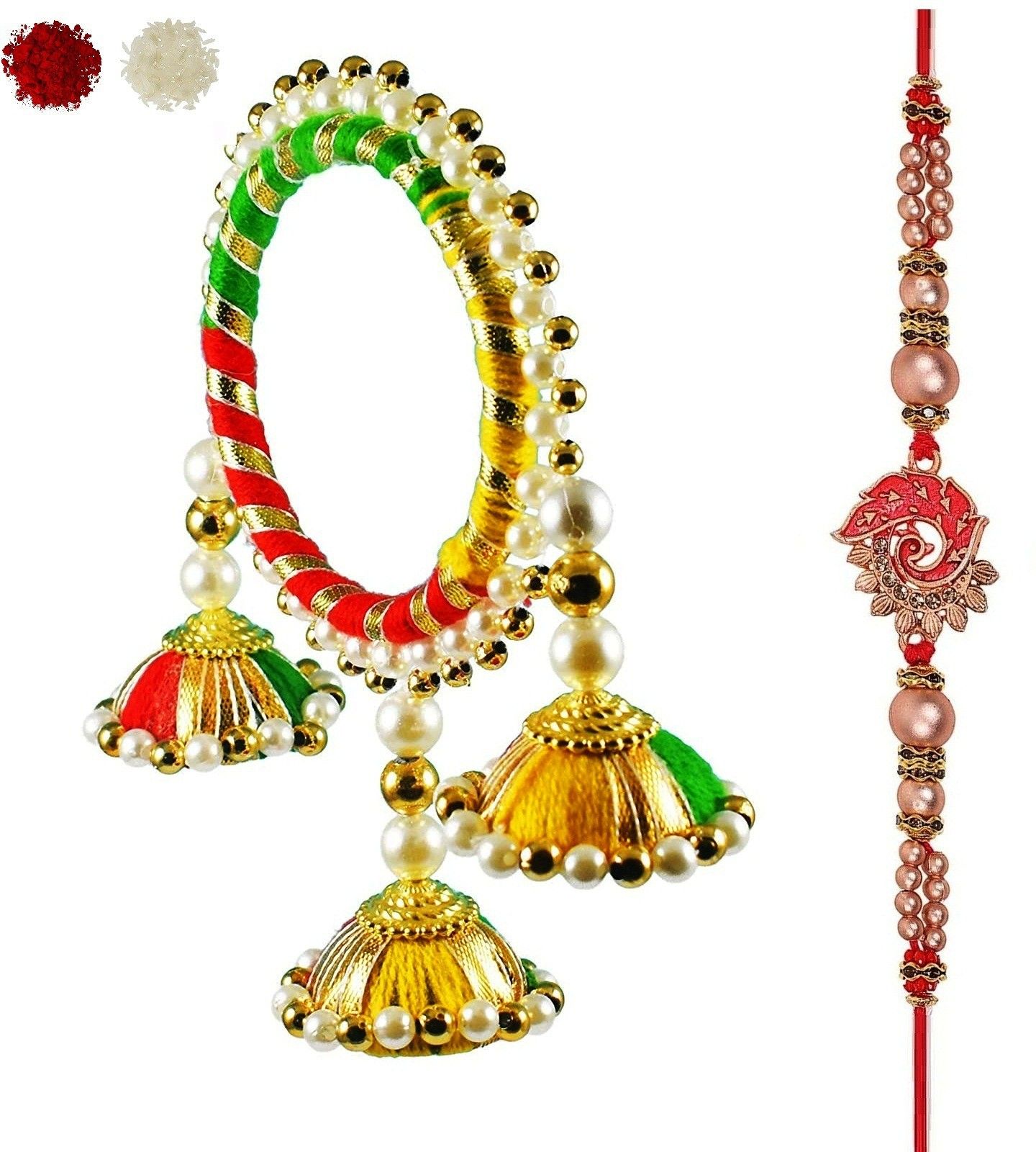 Bracelet 1 CHUDA 1 RAKHI FOR BHAIYA BHABHI Kundan, Mauli Thread Rakhi, Lumba, Chawal Roli Pack, Greeting Card Set-image-30
