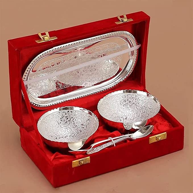German Silver Plated Bowl Set Bowl, Spoon, Tray Serving Set