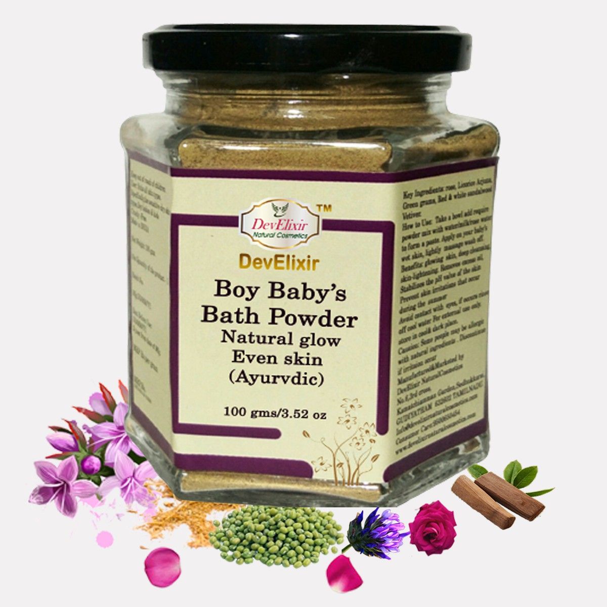 Boy baby Bath powder : for skin lightening, even tone packed with rose, Licorice arjuna, green grams, red & white sandal wood, vetiver, & Ayurvedic herbs extracts-image-4