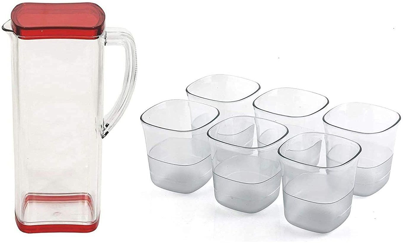 Plastic Transparent Lemon Juice Jug Set and 6 pcs Glass Jug Glass Set