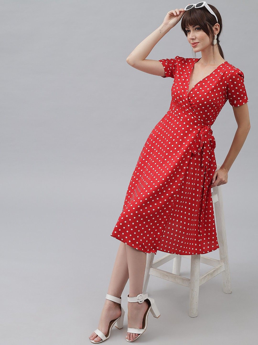 emeros Women Wrap Red, White Knee Length Dress-picture-13