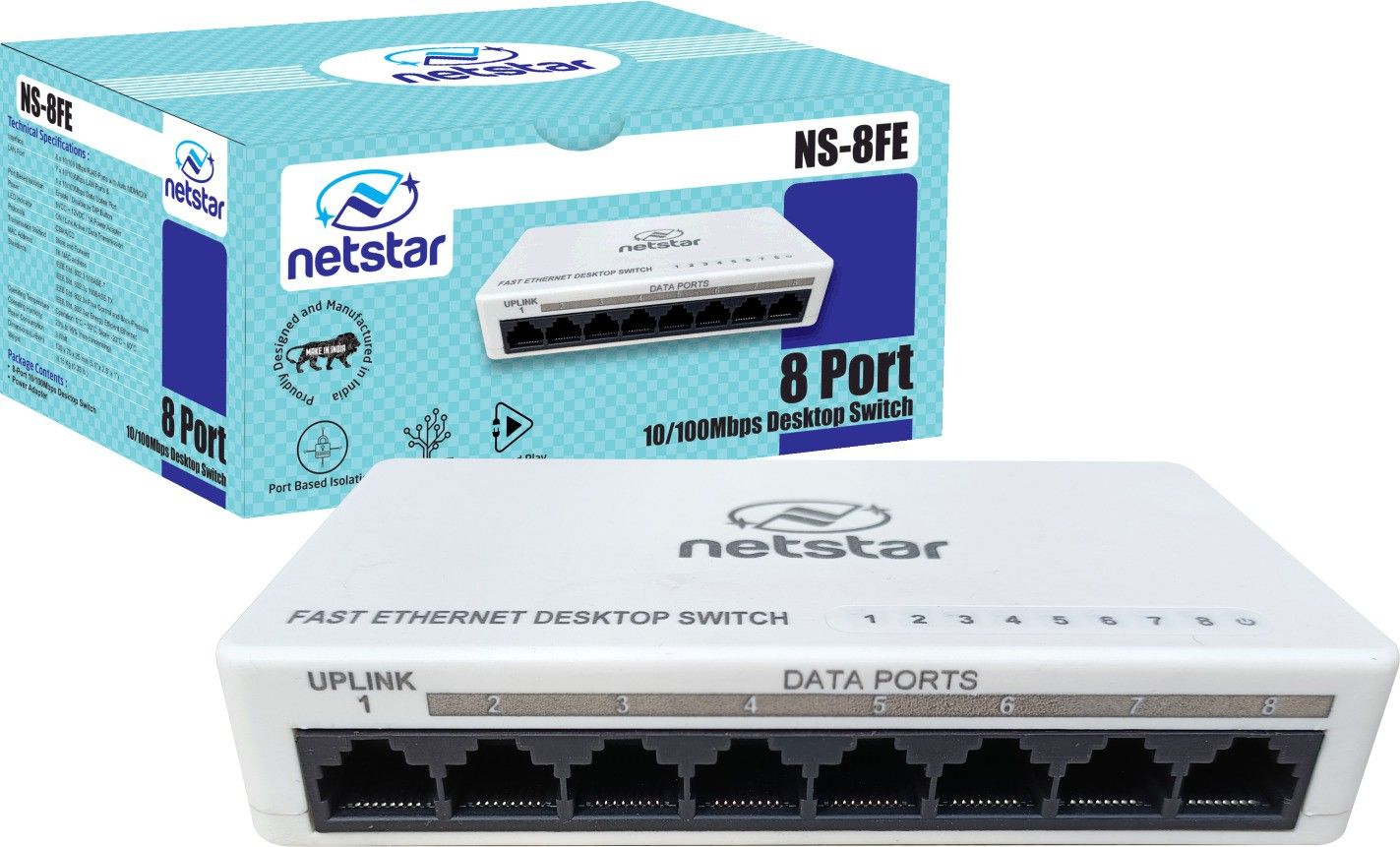 Netstar 8 Port Desktop Switch | 10/100 Mbps | Plug & Play | NS-8FE | Made in India 8 Ports 100 Mbps Network Switch
