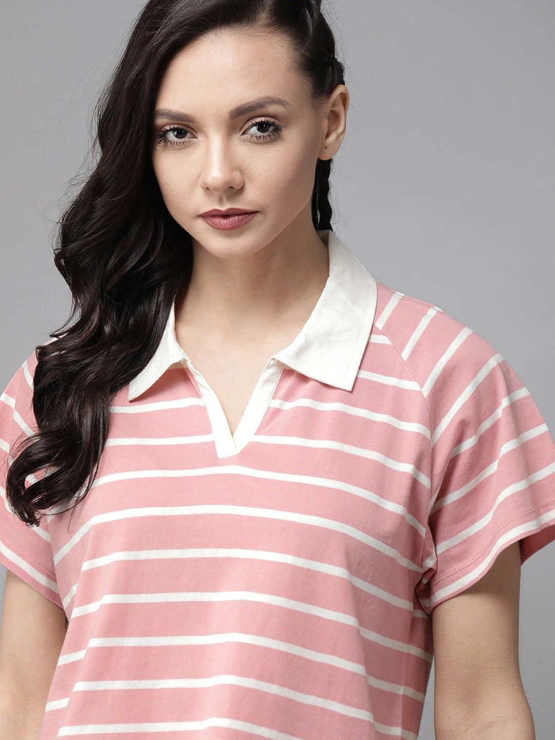 roadster Women Striped Polo Neck Pure Cotton Pink T-Shirt-picture-1