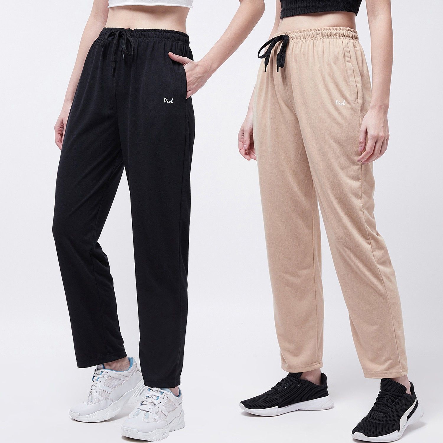 pivl Pack of 2 Women Solid Black, Beige Track Pants-picture-29
