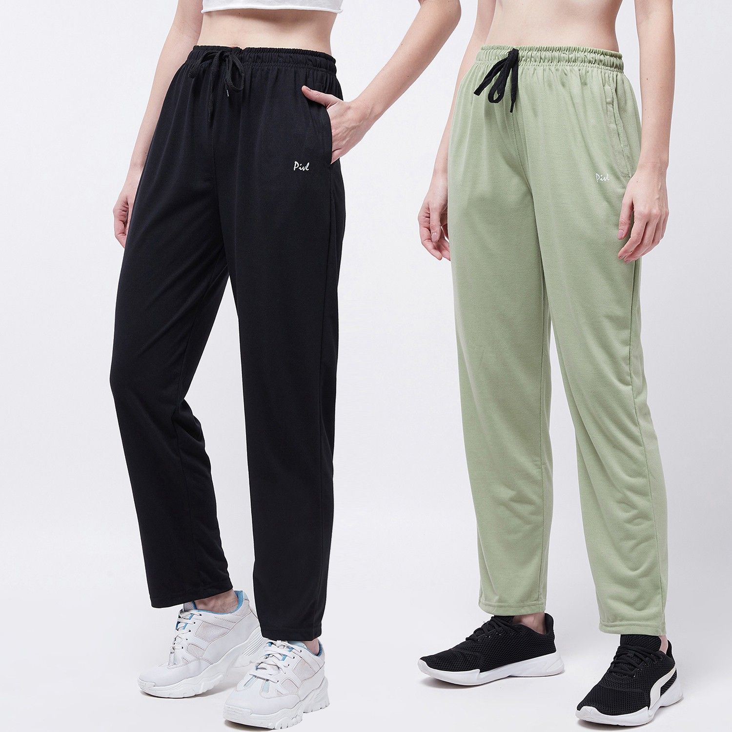 pivl Pack of 2 Women Solid Black, Light Green Track Pants-picture-18