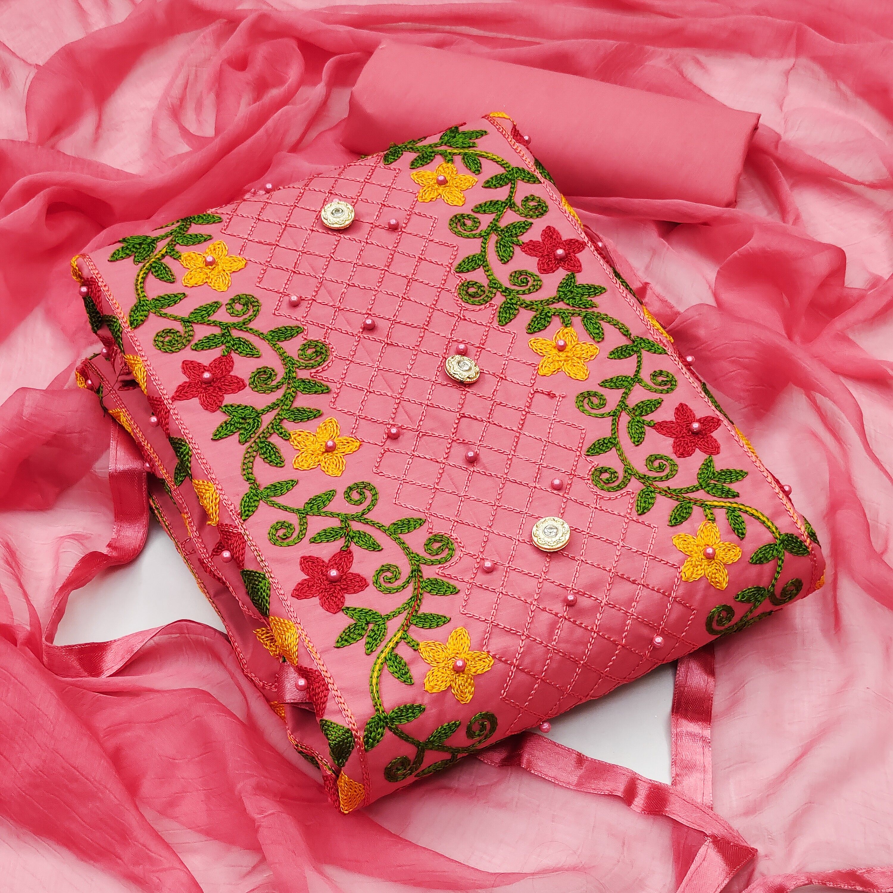 Unstitched Cotton Blend Salwar Suit Material Embroidered