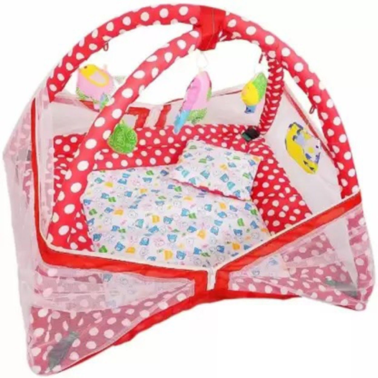 Bedding Set with Foldable Mattress, Mosquito Net and Pillow Red Polka dots Baby Mosquite Bedding Polka Dots-image-27