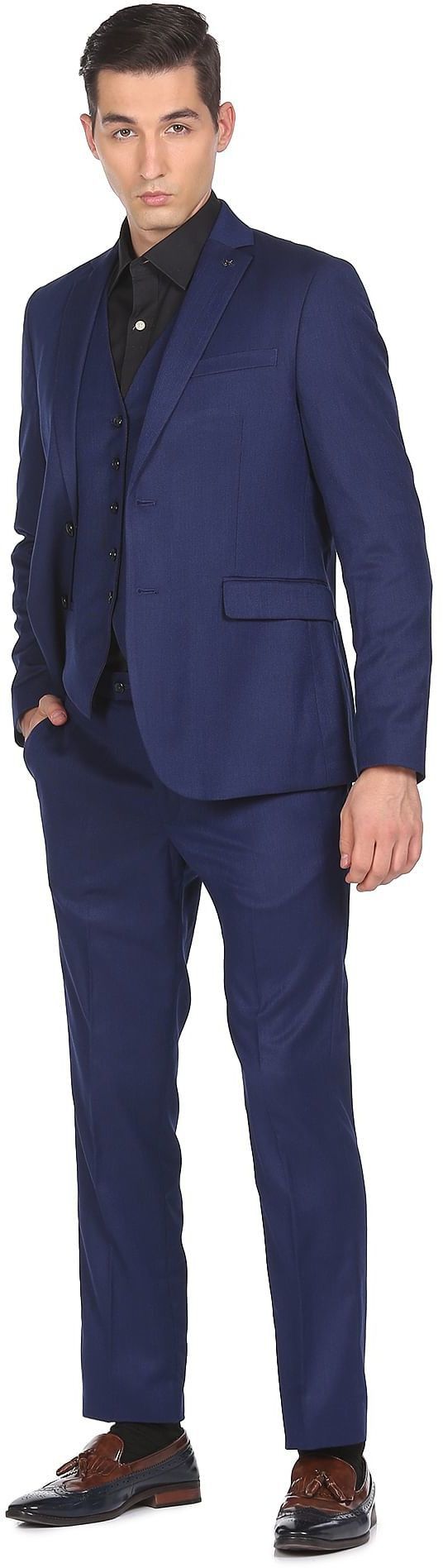 arrow Men Men Navy Notch Lapel Collar Patterned Suit Self Design Suit-picture-22