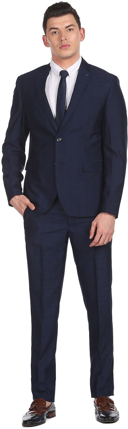 arrow Men Men Navy Tailored Regular Fit Check Two Piece Suit Solid Suit-picture-11