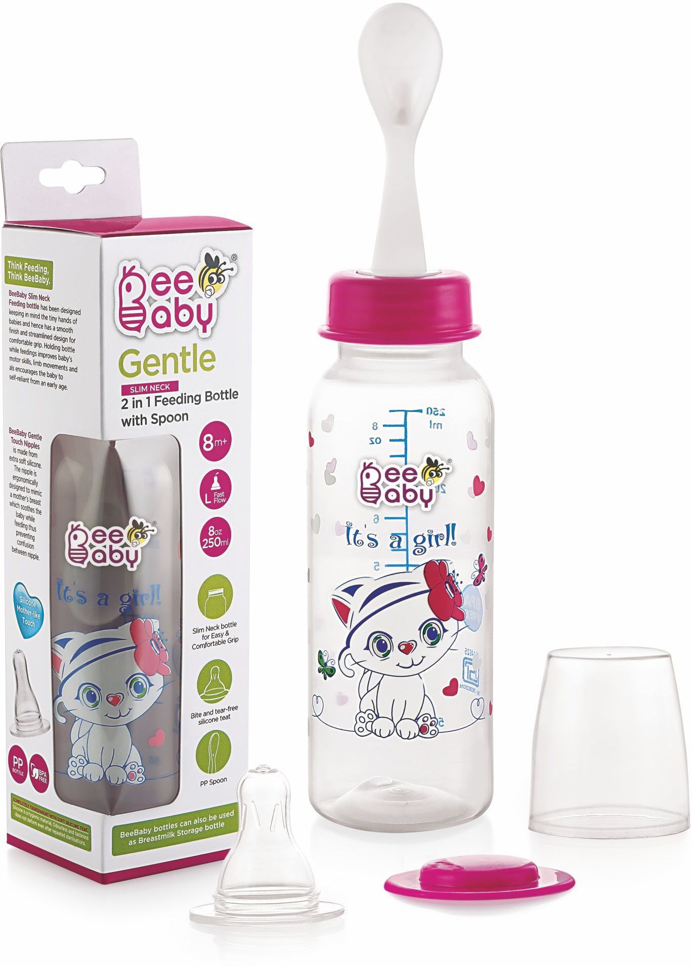 beebaby Gentle 2 in 1 Baby Feeding Bottle with Plastic Feeder Spoon. (Pink) (250 ML / 8 Oz.) - Silicone-picture-27