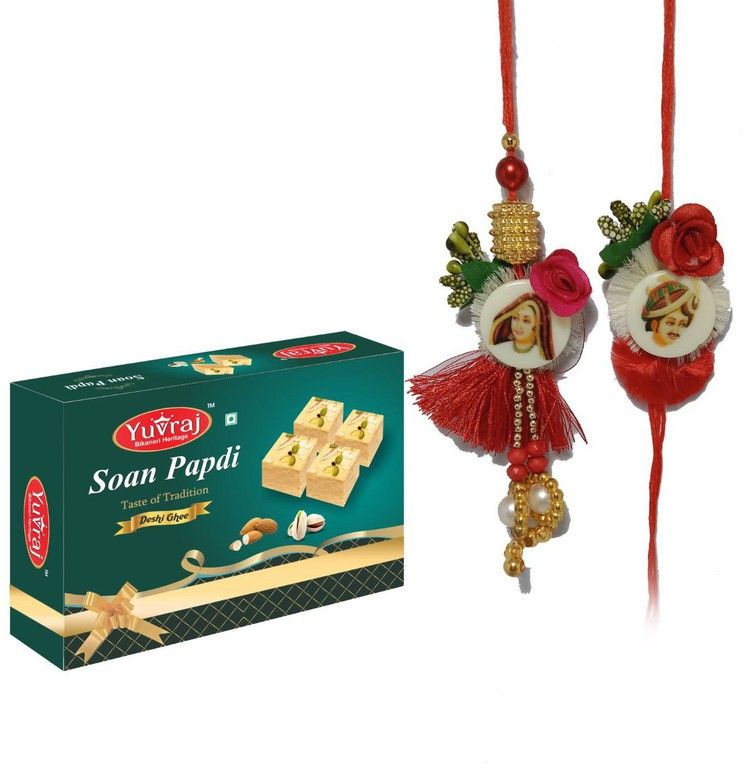 Couple Pair Rakhi ( Brother OR BHABHI ) Desiner Rakhi with Deshi Ghee Soan papadi 400 Gm (Patisa ) Sweets with Rakhi Special Festival box pack Nylon Gift Box-image-35