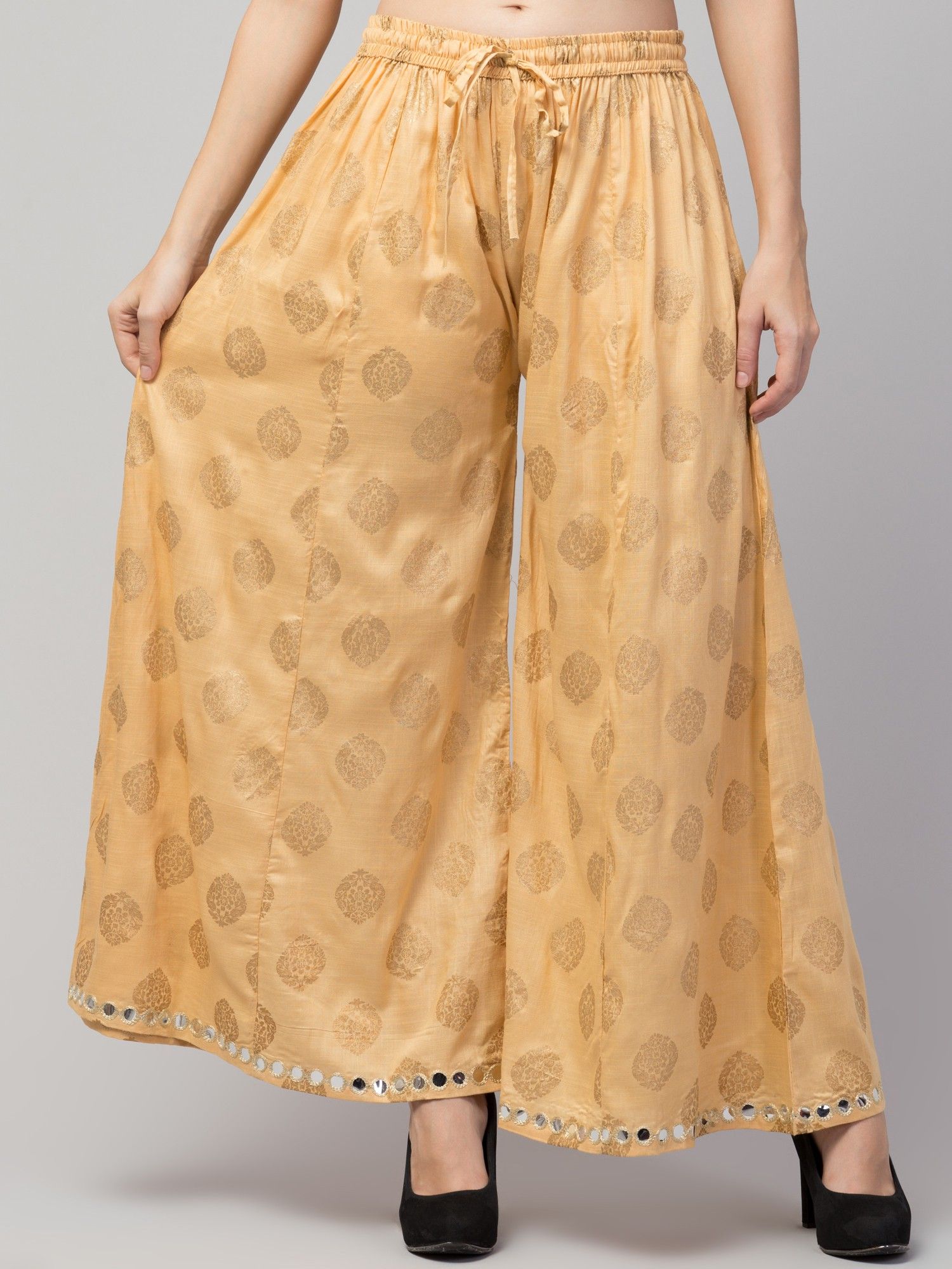 Women Flared Beige Viscose Rayon Trousers-image-39