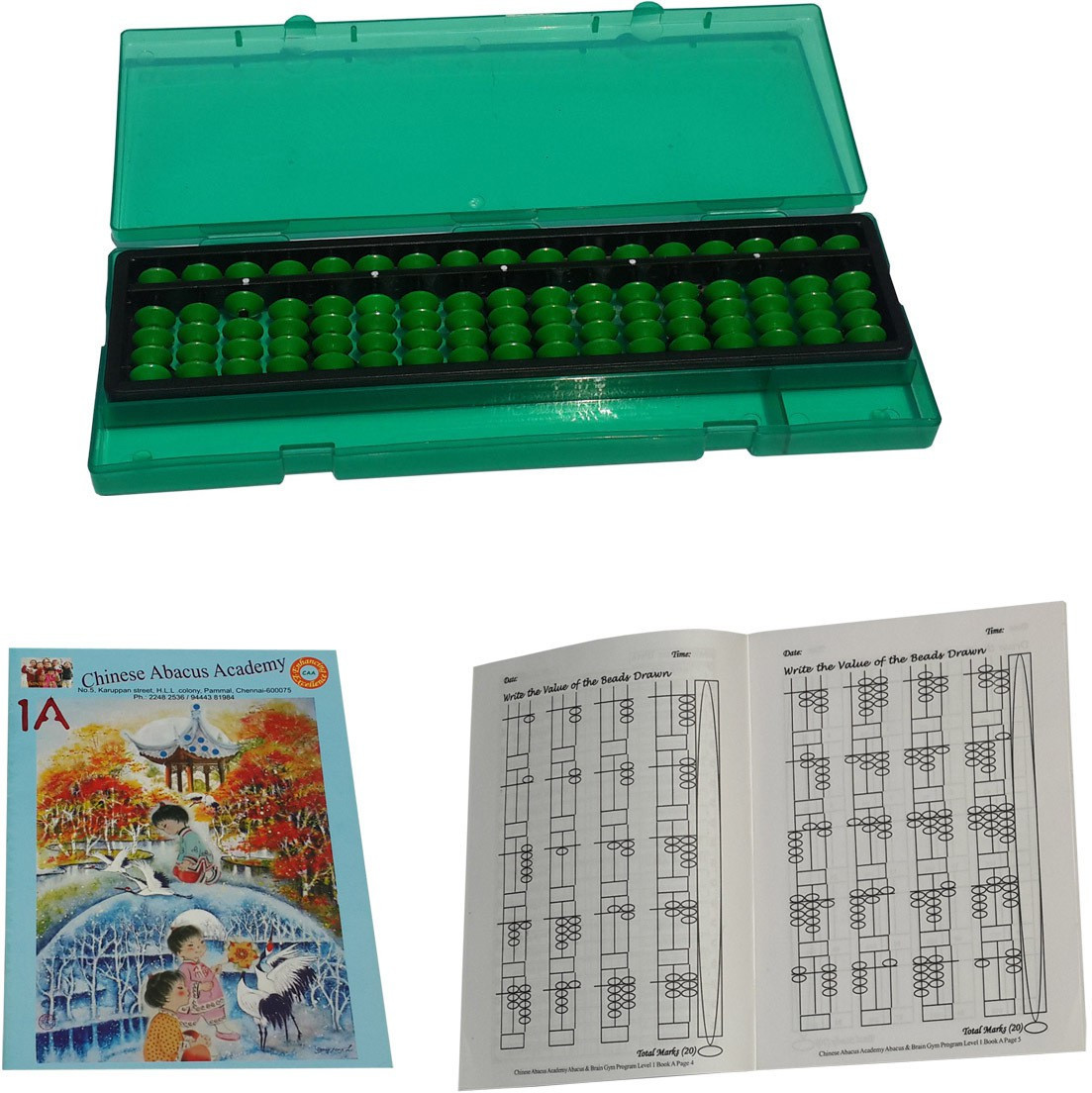 chinese abacus academy 17 ROD GREEN STUDENTS KIT WITH BOX AND TWO WORK BOOKS image 1