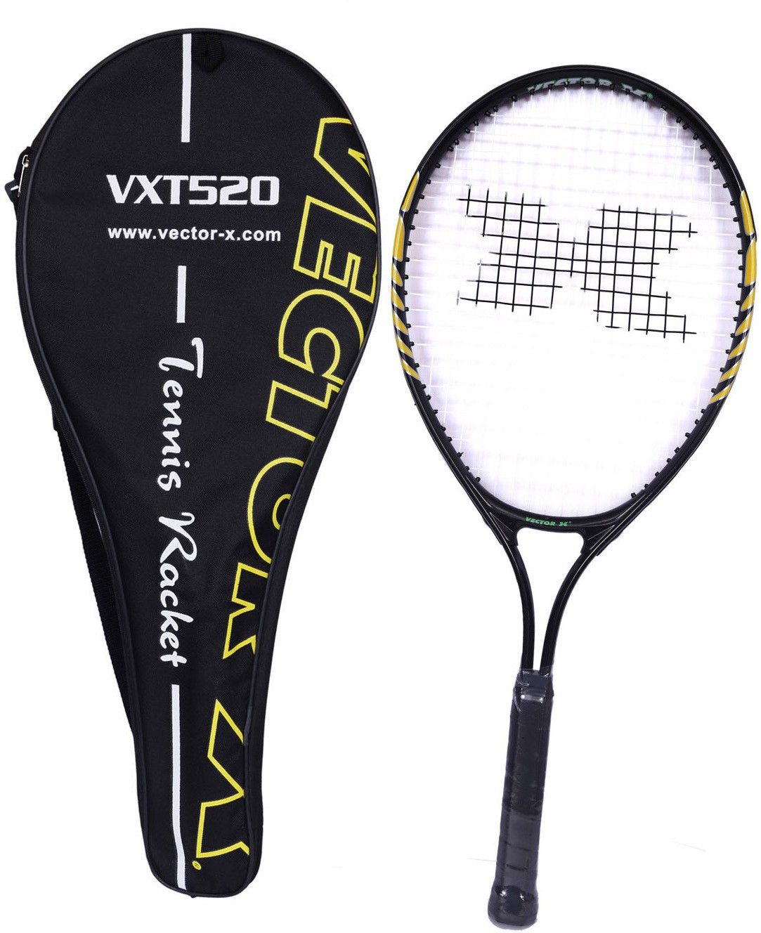 VXT-520 Aluminium Frame+ Full Cover|Oval Shape|Beginners Intermediate level 25" Black, Yellow Strung Tennis Racquet-image-44