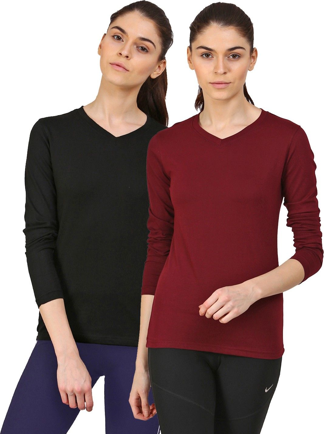 ap'pulse Pack of 2 Women Solid V Neck Cotton Blend Maroon, Black T-Shirt-picture-7