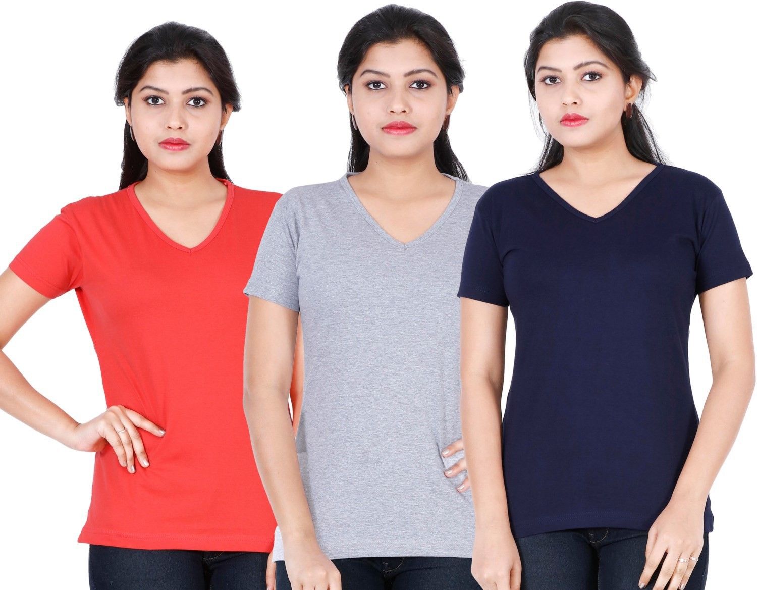 fleximaa Pack of 3 Women Solid V Neck Cotton Blend Multicolor T-Shirt-picture-25