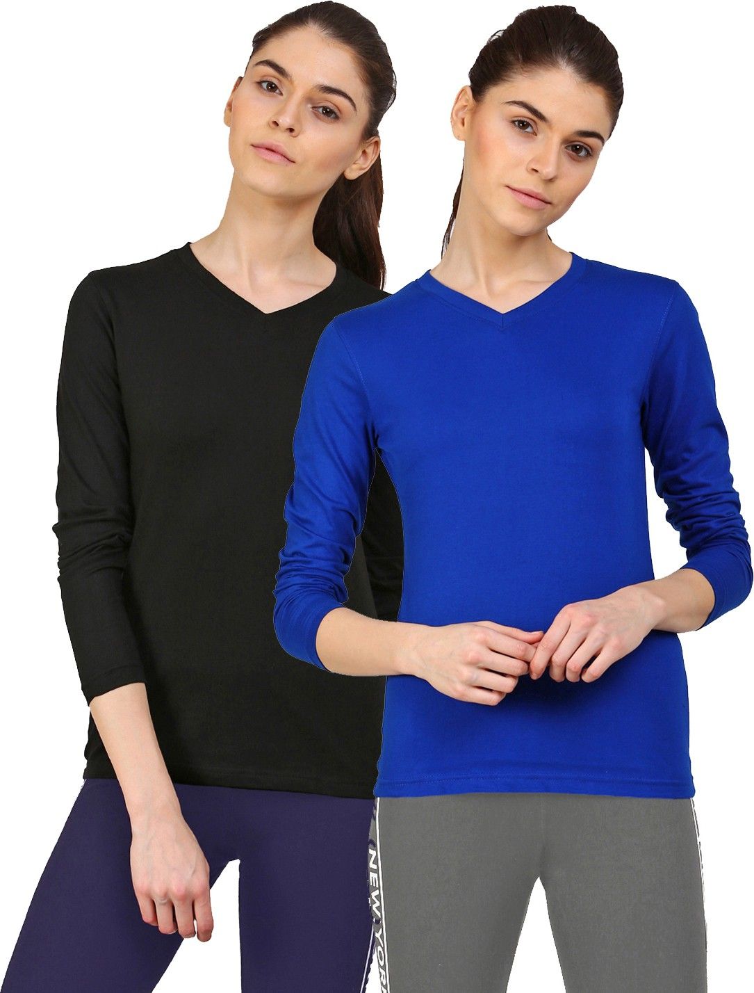 Pack of 2 Women Solid V Neck Cotton Blend Blue, Black T-Shirt-image-4