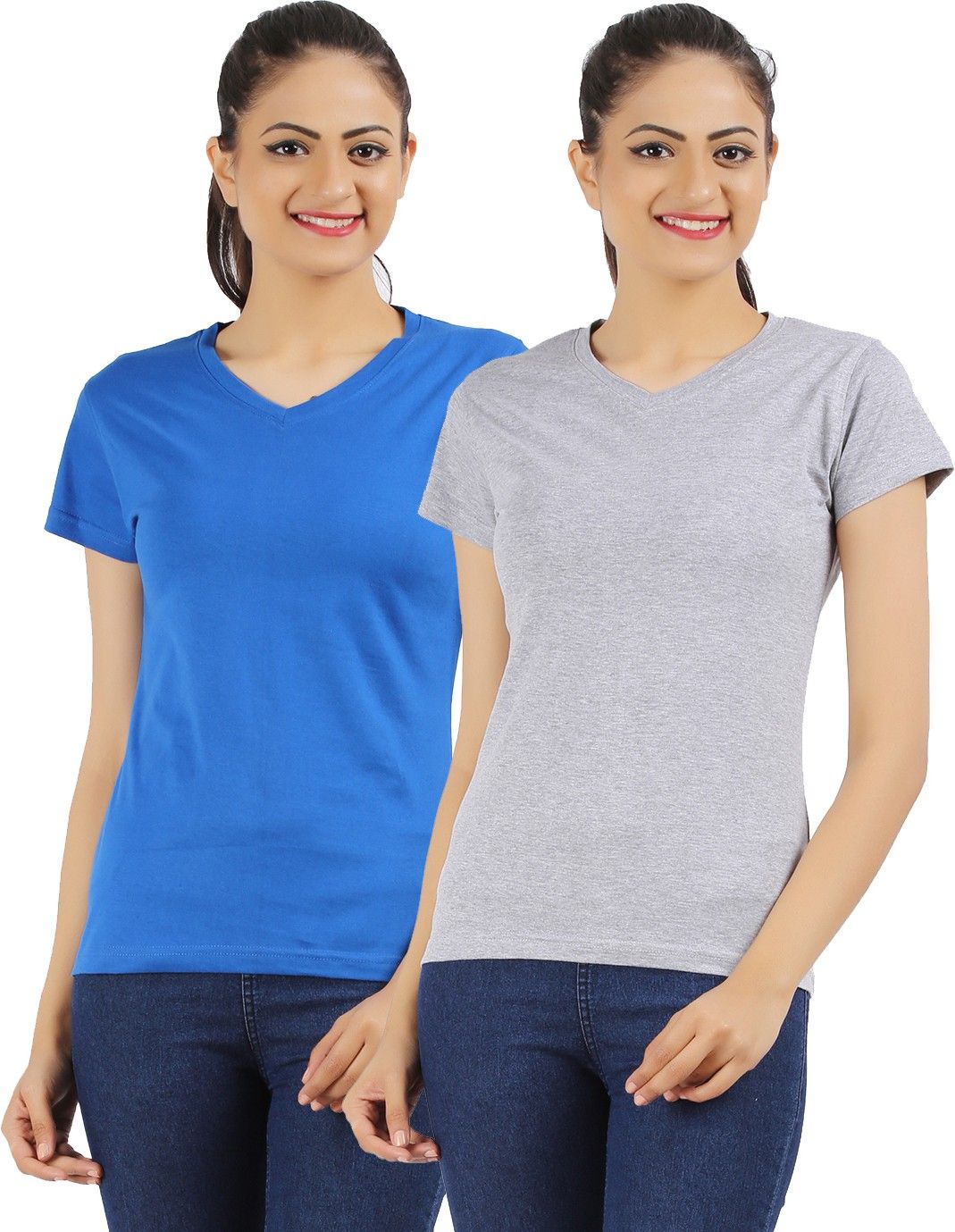ap'pulse Pack of 2 Women Solid V Neck Cotton Blend Blue, Grey T-Shirt-picture-24