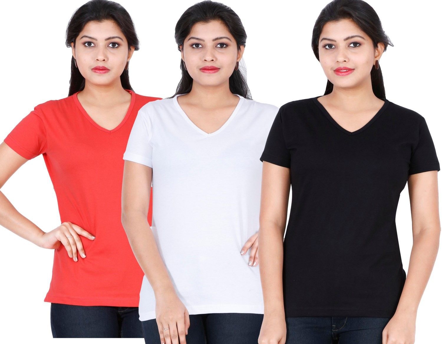 fleximaa Pack of 3 Women Solid V Neck Cotton Blend Multicolor T-Shirt-picture-26