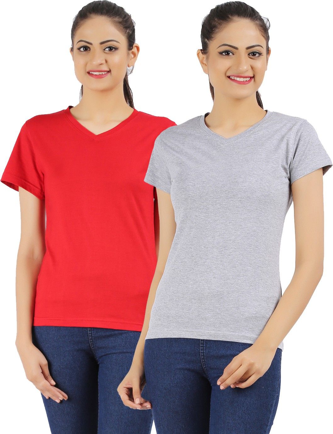 ap'pulse Pack of 2 Women Solid V Neck Cotton Blend Red, Grey T-Shirt-picture-2
