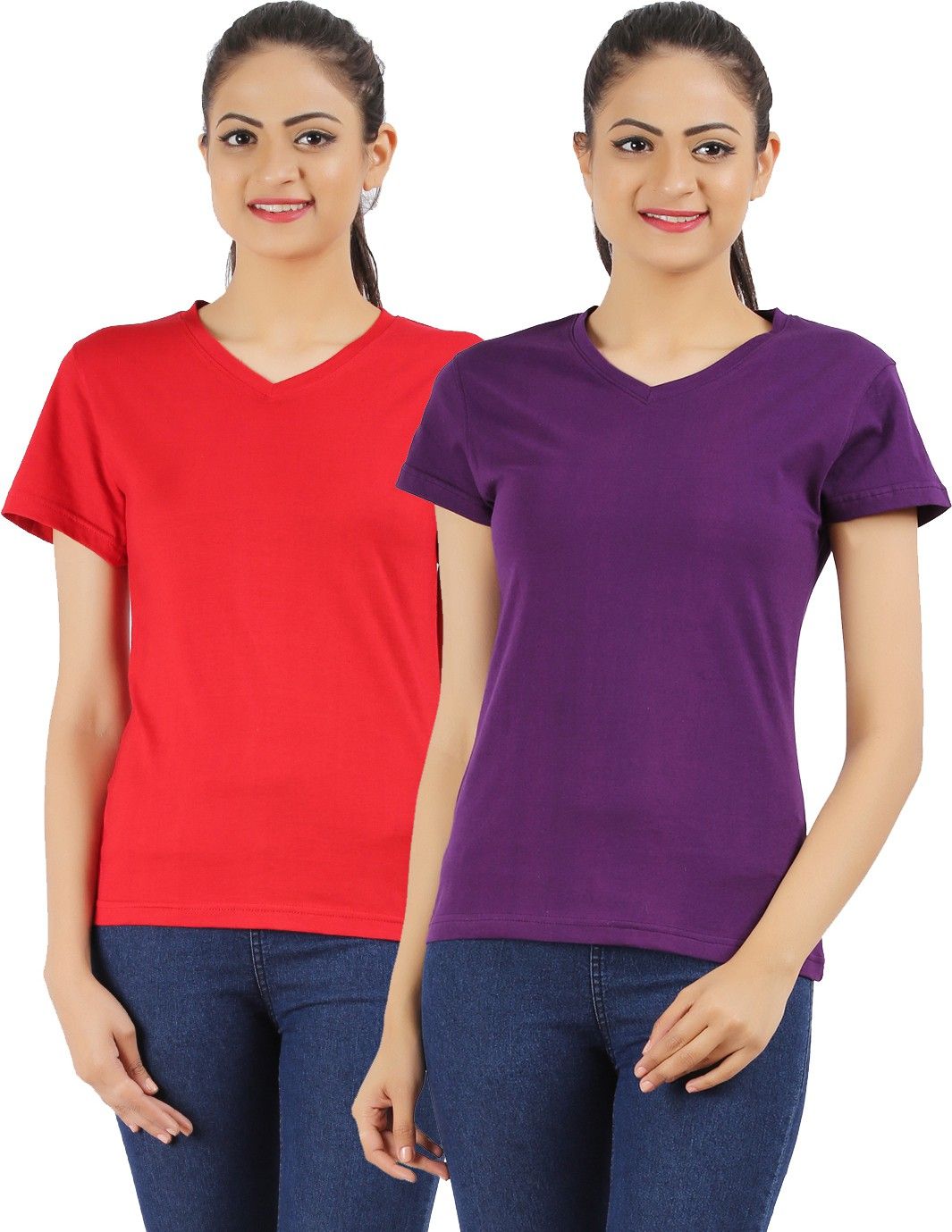 Pack of 2 Women Solid V Neck Cotton Blend Purple, Red T-Shirt-image-45